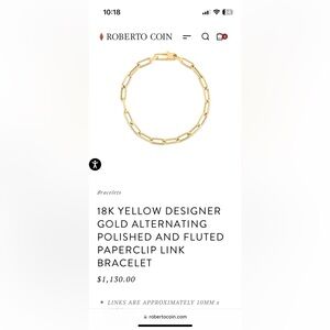 Roberto Coin 18k gold paper clip bracelet.